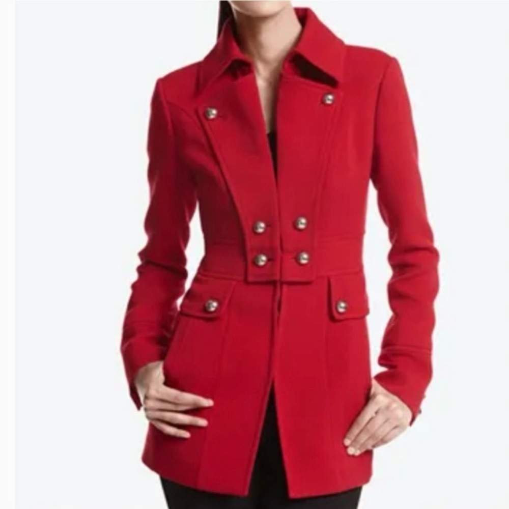 White House Black Market Red Pea Coat Long Military Jacket in Size Small